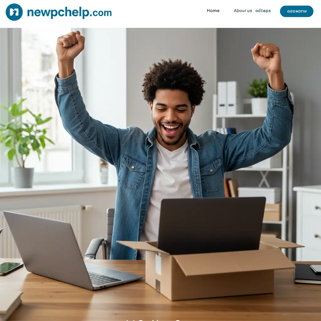 Happy customer celebrating new computer purchase and unboxing